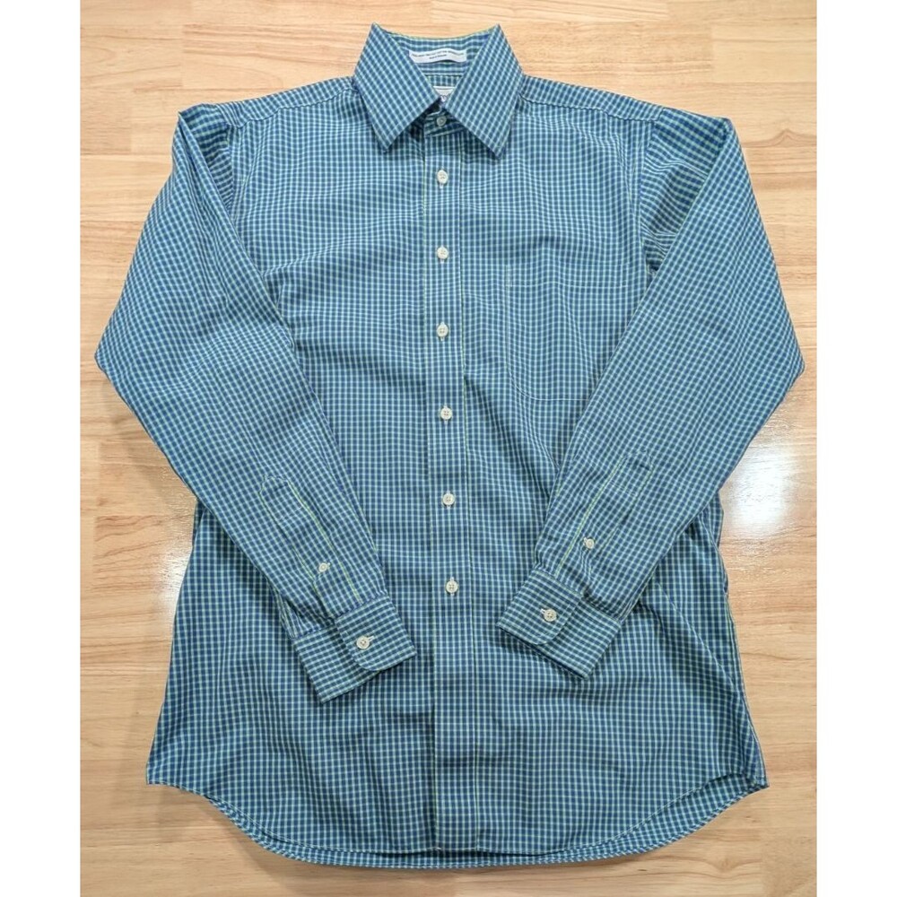 Paul Fredrick Shirt Mens M 15 34 Non Iron Two Ply Cotton Broadcloth Check Green